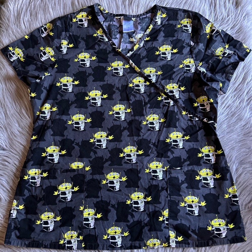 Disney Pixar Toy Story Scrub Top Womens Size Large Black Short Sleeve Work Shirt